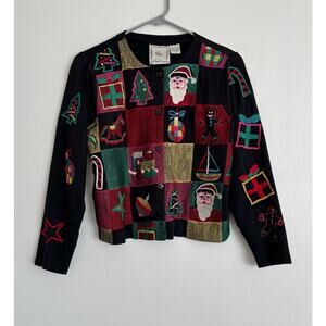 Black Red Vintage Michael Simon Christmas Patchwork Cardigan S